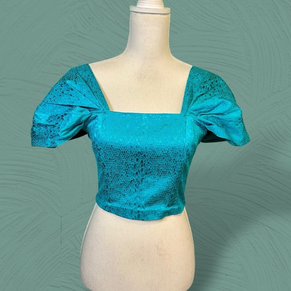 NWT ROTATE Birger Christensen ‘Petra’ Cropped Metallic Jacquard Top in Tile Blue - Picture 4 of 16